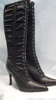 Black Leather and Satin Corset Lace up Boots 6.5  
