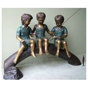  Three Kids Fishing on a Log Outdoor Bronze Statue Sports 