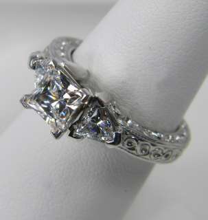   PRINCESS CUT ANTIQUE ENGRAVED 3 STONE ENGAGEMENT RING 14K SOLID GOLD