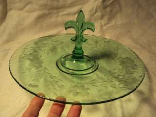 ANTIQUE Green Depression Glass Tray FLEUR DE LIS handle  