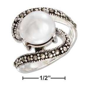 Sterling Silver 10mm Fresh Water Pearl and Marcasite Wave Ring   Size 