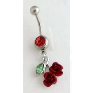 Roses Dangling Belly Ring w/Red CZ Stone 316l Surgical 