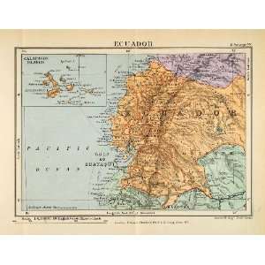  1901 Lithograph Ecuador Antique Map Galapagos Islands Gulf 