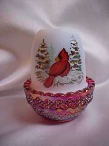Mosser Glass Hand Painted Cardinal Ruby Carnival Base Fairy Light Lamp 