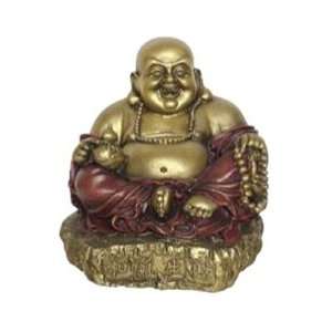    Happy Seated Buddha on Rock Base, Gold and Red 