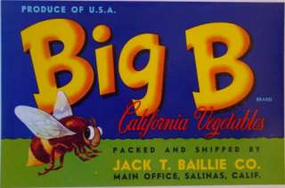 Big B Vintage Vegetable Crate Label Salinas, California  