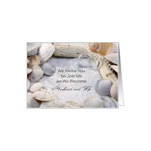 Beach Wedding Invitation with Shells, Sand and Rings Card