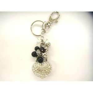   Fashion Black Beaded with Silver Rhinestone Heart Lock design Keychain