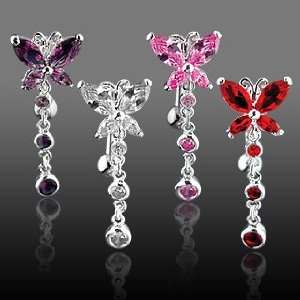  Belly Ring With Purple Top Down Butterfly & Dangle   14G 