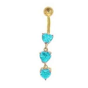 Aqua Lt Blue 3 Heart Gold plated dangle Belly navel Ring piercing bar 