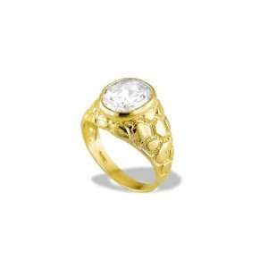  Mens 14k Yellow Gold Nugget White CZ Solitaire Ring 