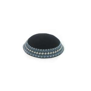 17 Centimeter Tightly Knitted Kippah in Black with Wide Blue and Gray 