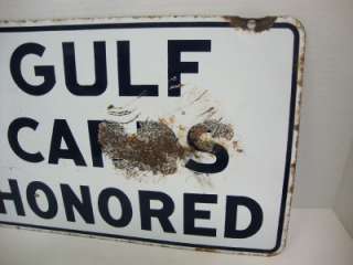 Vintage Double Sided PORCELAIN Gulf Oil *GULF CARDS HONORED* SIGN 1950 