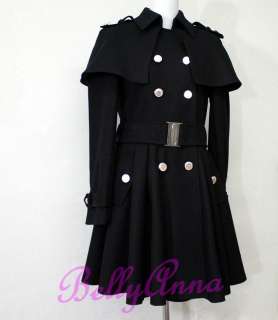 Vintage Double Breasted Cape Trench Coat Wool Overcoat Outwear Jacket 