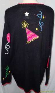 Quacker Factory Cardigan Sweater 1X Blk Party Theme NWT  