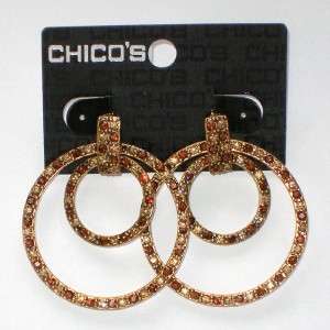 CHICOS EARRINGS Bejeweled Brasstone Dual Post Hoops  