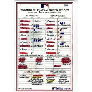  Blue Jays at Red Sox 8 15 2008 Game Used Lineup Card (MLB 