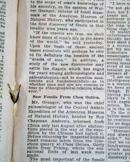   Beijing China Fossils Homo Erectus MISSING LINK Find 1929 Newspaper