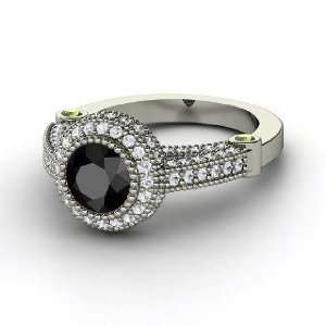  Ring, Round Black Diamond 14K White Gold Ring with Green Tourmaline 
