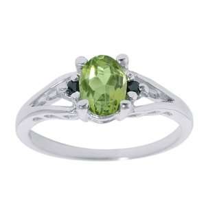 0.80 Ct Oval Green Peridot & Black Diamonds Silver Ring Jewelry