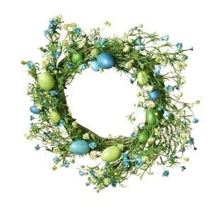 16 Blue and Green Flowers and Speckled Eggs Artificial Wreath  