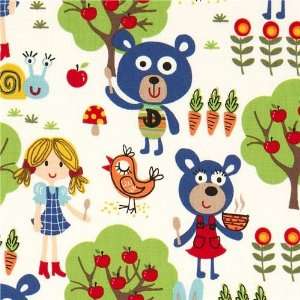 white Michael Miller fabric kawaii bears girl tree (Sold in multiples 