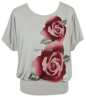 BFS04~NEW NWT ANNABELLE Size L/Lrg Rose Print Short Sleeve Banded Hem 