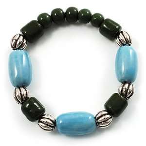  Pale Blue&Olive Green Ceramic Bead Flex Bracelet (Silver 
