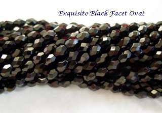 Jet Black Tiny Faceted Oval Beads Firepolished  