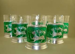 Set of 6 Vintage Russian Tea Cup Glass Holders w/glasses  
