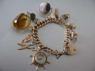   Gold Albert Charm Bracelet 10 Charms Blue John Compass Citrine  