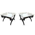 Two Empire Swan Side Tables Black Lacquer & Marble Top