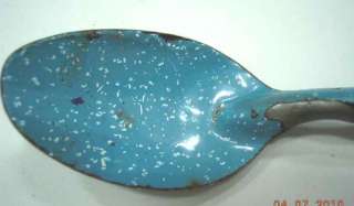 antique ENAMEL SPOON splatter BLUE metal TABLESPOON  