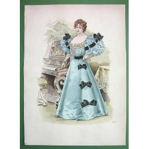  FASHION from Paris France Moniteur des Dames Lady Light Blue Dress 