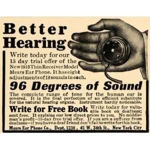 1915 Ad Mears Ear Phone Co. Hearing Devices Vintage   Original Print 