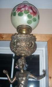 Figural Brass Lamps Painted Glass Globe Marble Base  