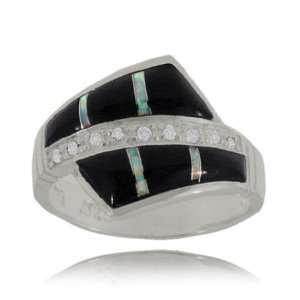  Black Onyx Ring Sterling Silver Opal Stripes CZ Accents 