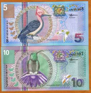 Suriname, 5 + 10 Gulden, Set, 2000, UNC  very colorful  