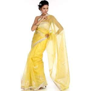 Yellow Suryani Sari from Mysore with Crewel Embroidered Motifs   Pure 