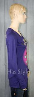 ED Hardy T Shirt SKULL Love HEART Rhinestones Large long sleeve purple 