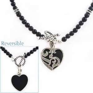    Silver Genuine Onyx beaded Necklace w/Heart Pendant Jewelry