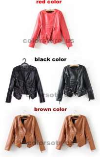 2012 NEW Fashion Women PU Leather Epaulet Zip Slim Jacket Coat 3 color 