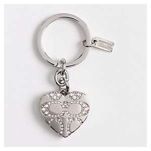  COACH PAVE SIGNATURE C HEART LOCKET SILVER KEY RING, CHAIN 