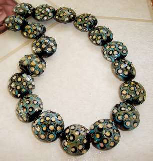 Handmade Glass Lentil Black Beads Art Turquoise Blue & Ivory 18mm 8 