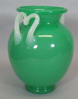 Huge 12 Signed Steuben Carder Era Art Deco Jade Green Vase w/ Hearts 