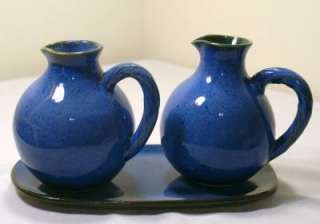 Pc Oil Vinegar Cruet Pottery Set Artist Signed Blue  