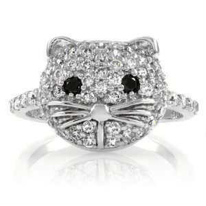  Grettas CZ Diamond Cat Face Ring   Silver Tone 