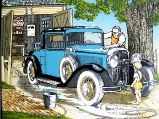Hargrove Antique Car Wash w Grandfather Flying A Gasoline Painting 