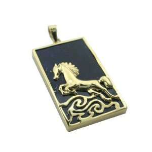  Lapis Wild Stallion Rectangle Pendant, 14k Gold Jewelry