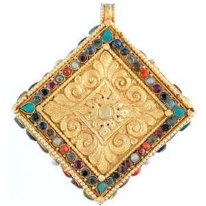 Tibetan Gold Plated Gau Box Pendant with Gemstones (Turquoise, Lapis 
